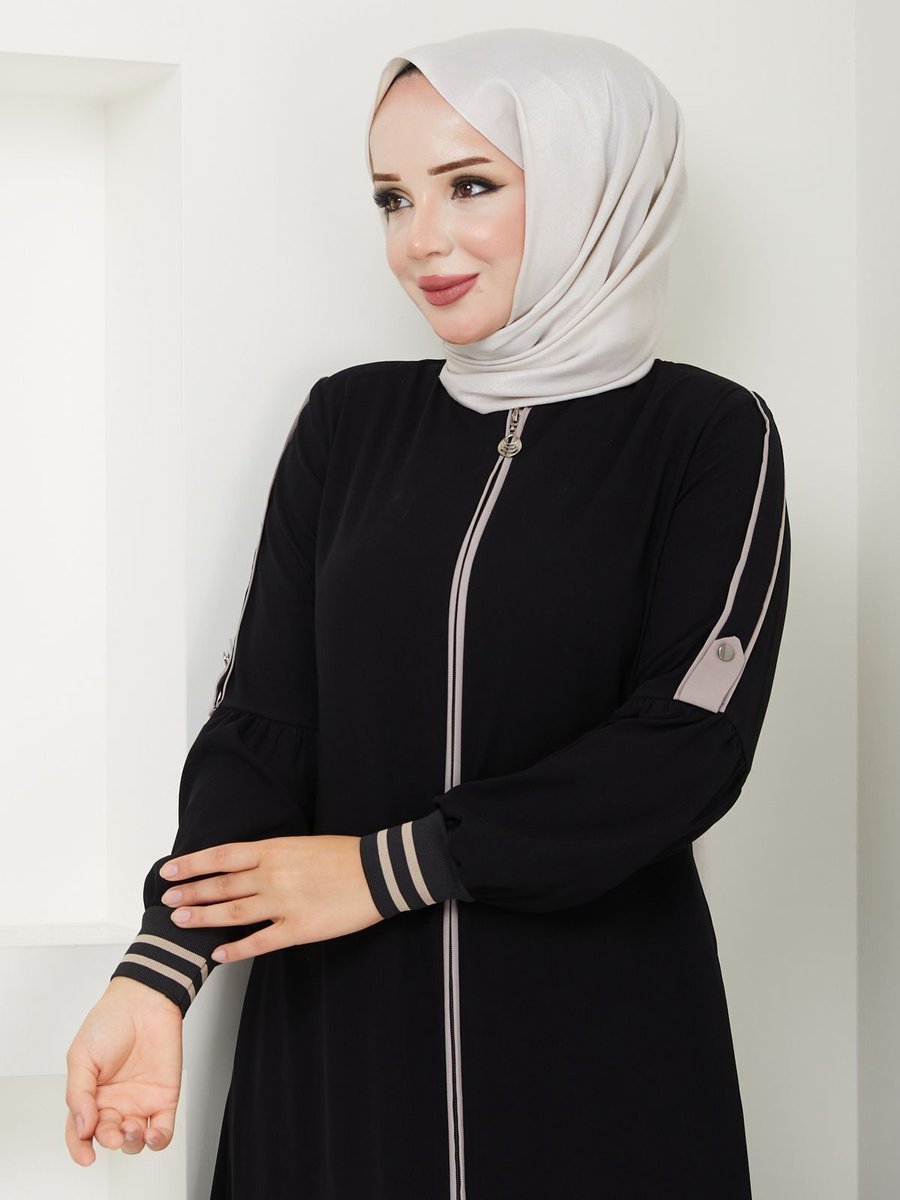 Moda Esre Fashion Giyim Ferace Krem Renk Biyeli Kolu Patlı Manşet Ribanalı Siyah
