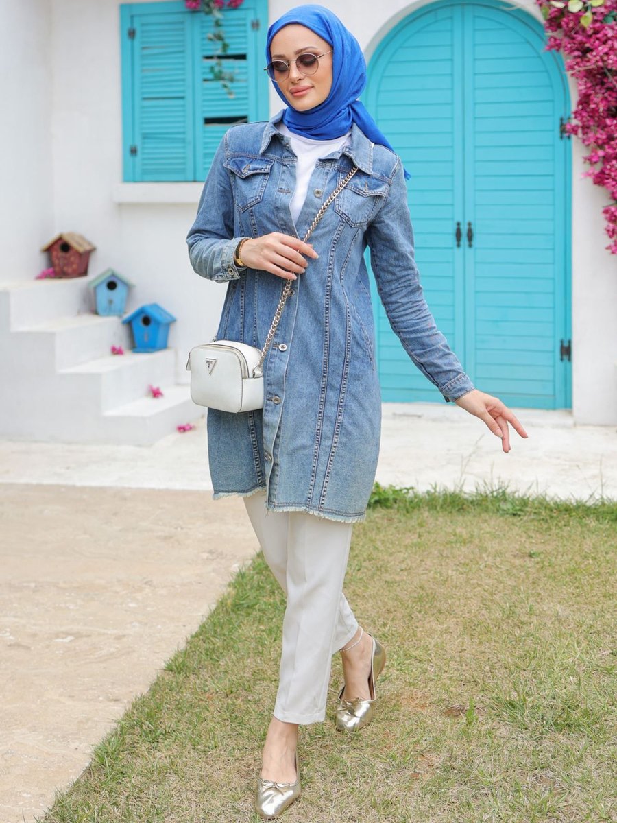 Velizade Mavi Cep Detaylı Düğmeli Boyfriend Jean Oversize Uzun Kot Ceket