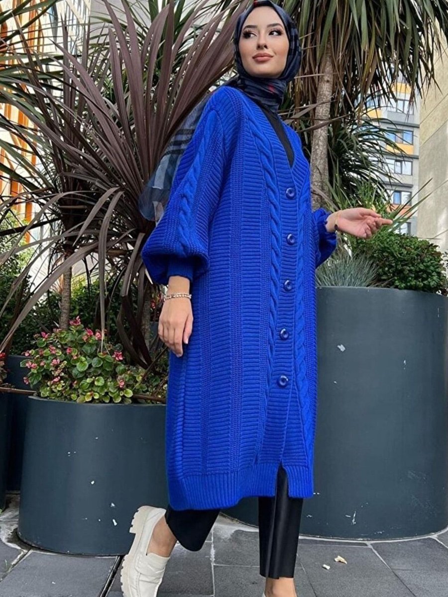 Modabirsen Uzun Triko Hırka Saç Örgü Desenli Boydan Düğmeli