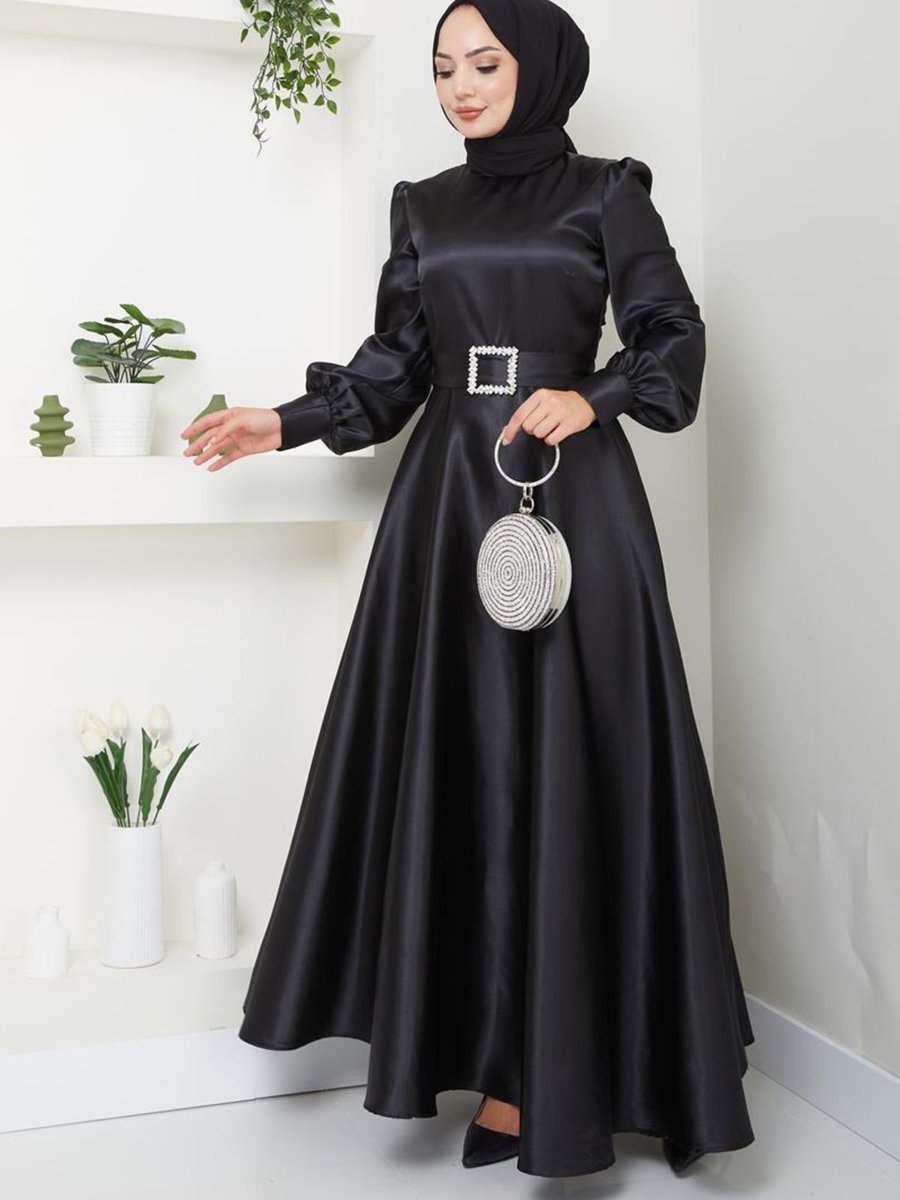 Ayşe Melek Giyim Moda Kemeri Taşlı Uzun Saten Abiye Elbise Siyah