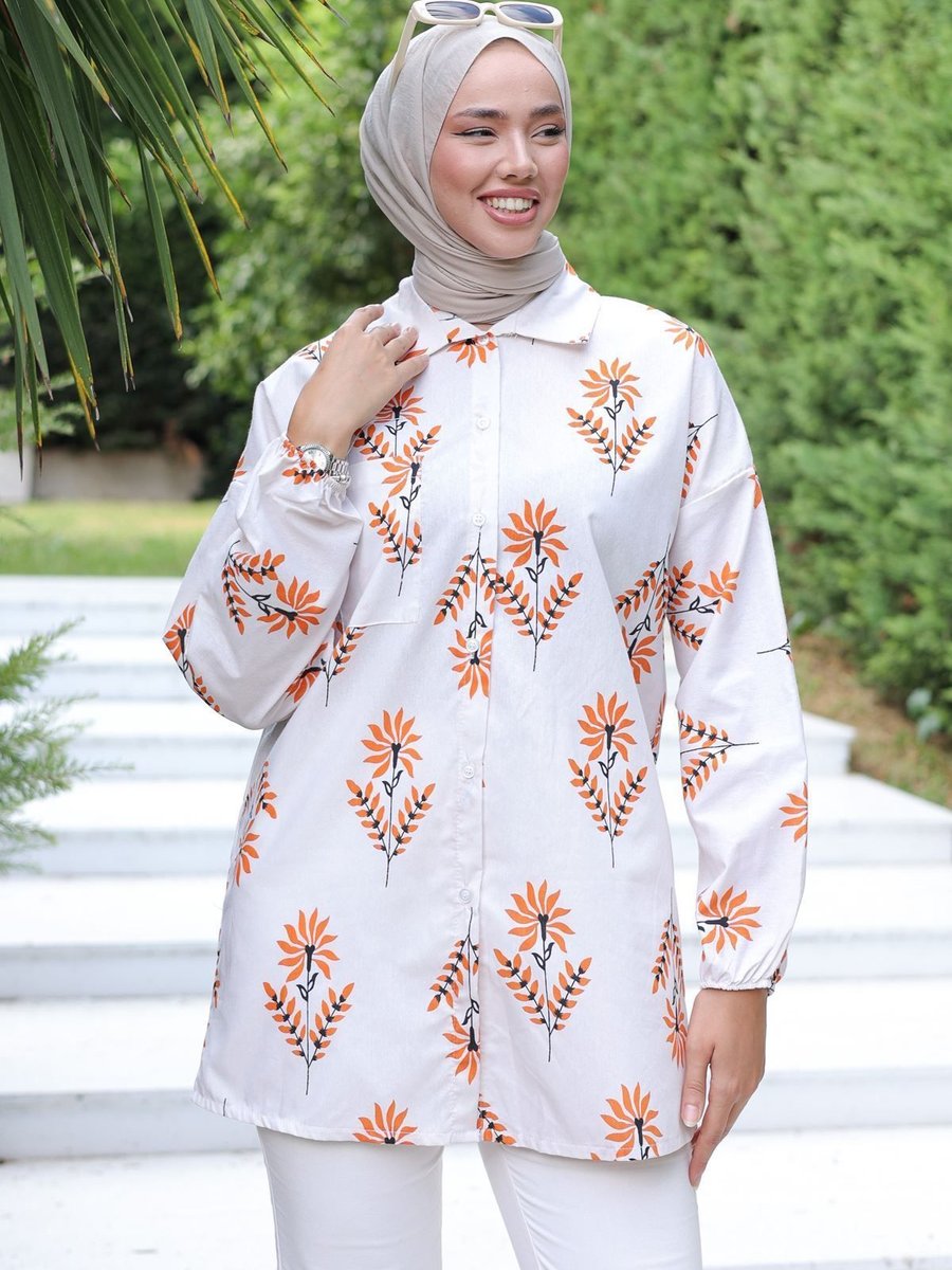 Velizade Konfor Modeli Bej Çiçekli Polo Yaka Pamuklu Lüks Abiye Keten Tunik Gömlek