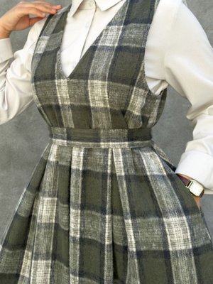 Hrmonny Vintage Modest Kışlık V Yaka Kadın Rerto Yün Ekose Uzun Jile Elbise