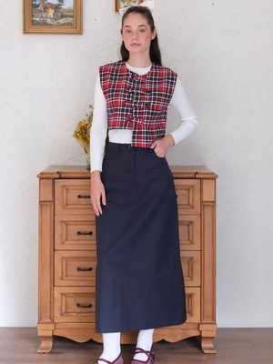 Ceylan Otantik Kırmızı Ekose Çapraz Düğmeli Vintage Yelek