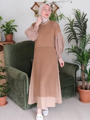 Ceylan Otantik Sütlü Kahve File Triko Tunik