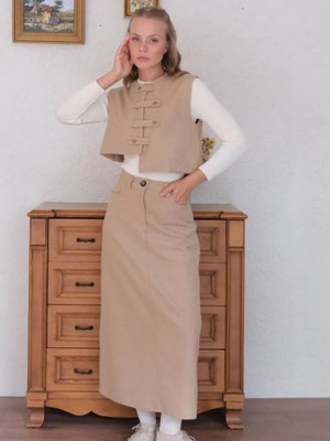 Ceylan Otantik Sütlü Kahve Çapraz Düğmeli Vintage Yelek