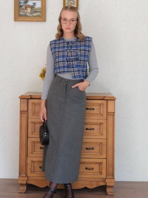 Ceylan Otantik Mavi Ekose Çapraz Düğmeli Vintage Yelek