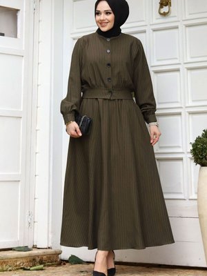 Tesettür Dünyası Eteği Cepli Düğmeli Çizgili Etekli Takım Haki