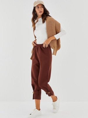 Markaliste Paçası Kemerli Scuba Pantolon Acı Kahve