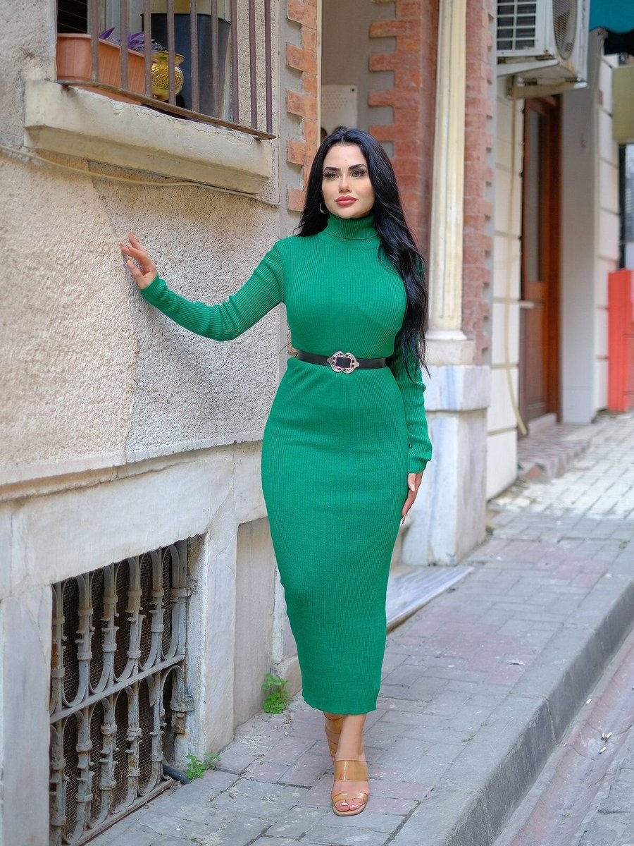 SFG Life Moda Yeşil Boğazlı Triko Kalem Elbise