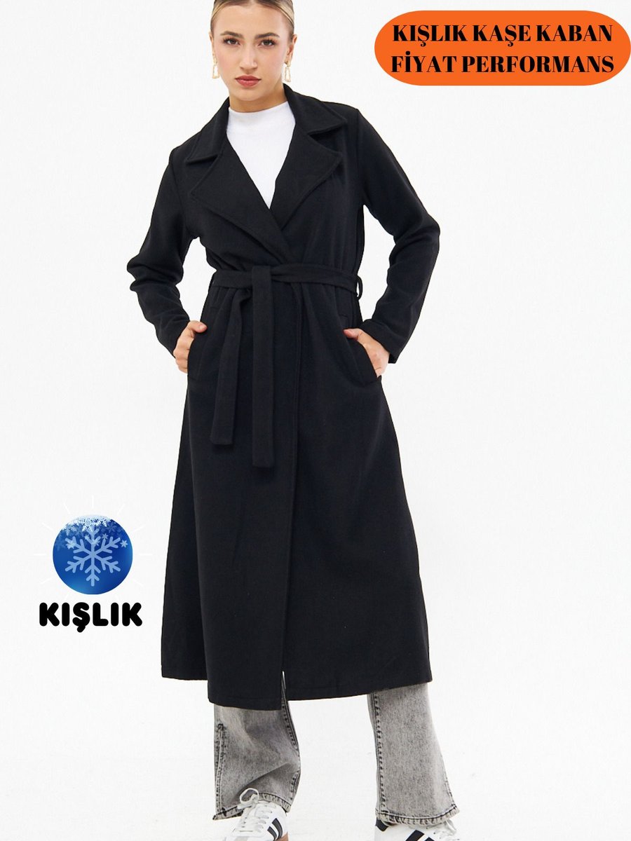 Rabi Shine Siyah Kuşaklı Kışlık Kaşe Kaban Astarsız