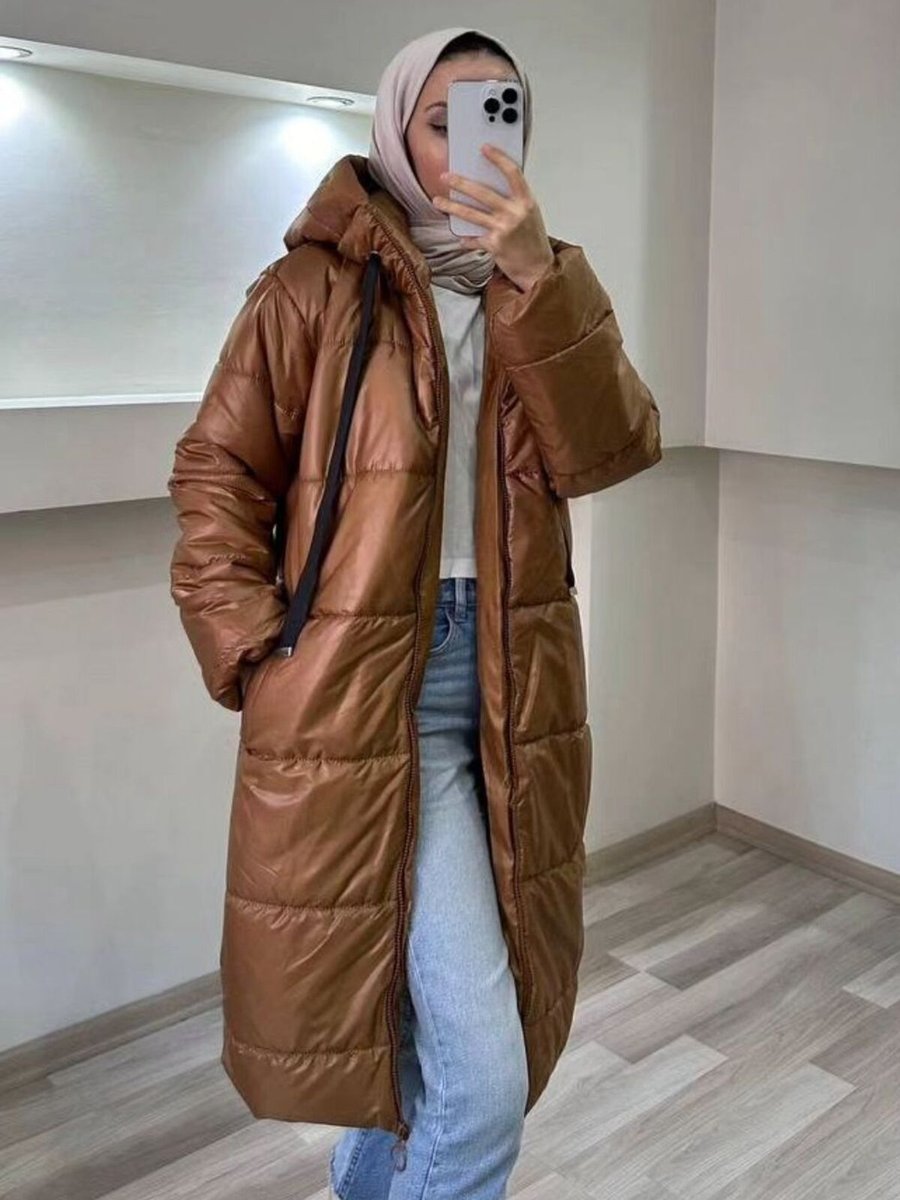 Glx Büyük Bedenkadın Kapüşonlu Fermuarlı Kapama Taba Şişme Mont