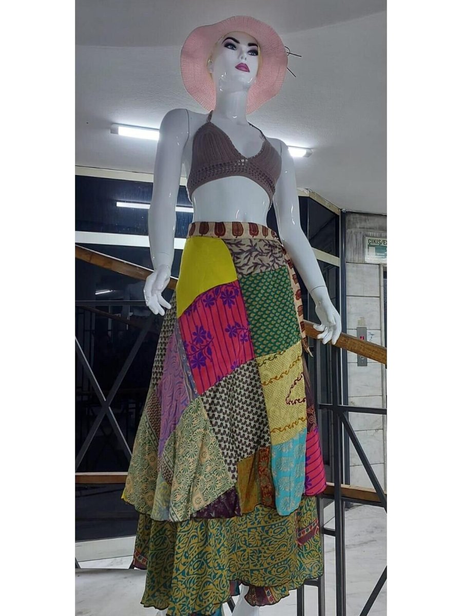 Bohem Stil Yeşil Hint Patchwork Ters Yüz Kullanılabilen Yazlık Anvelop Uzun Etek