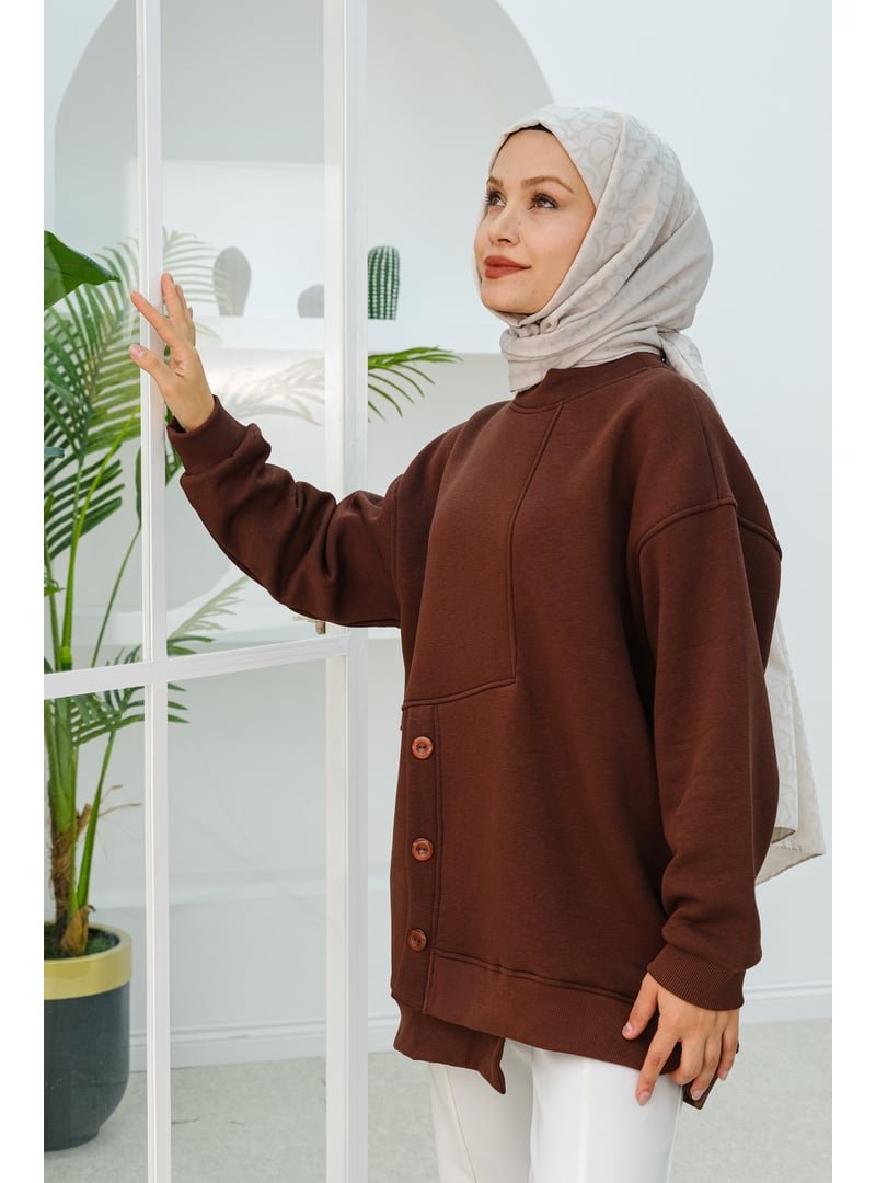 Locco Moda Kahverengi Ön Düğme Detay Oversize Sweat