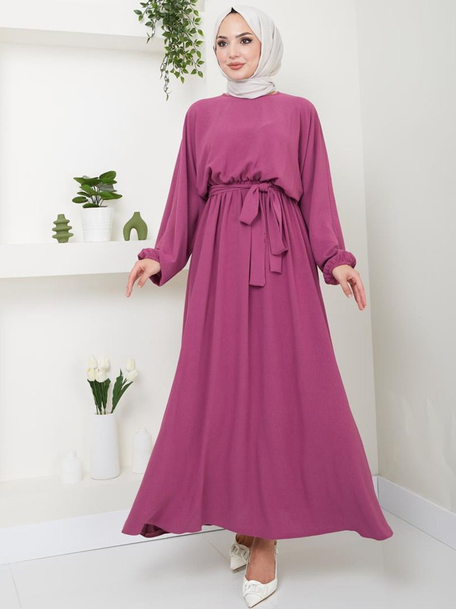Ayşe Melek Giyim Abiye Moda Beli Lastikli Kuşaklı Elbise Koyu Gül Kurusu