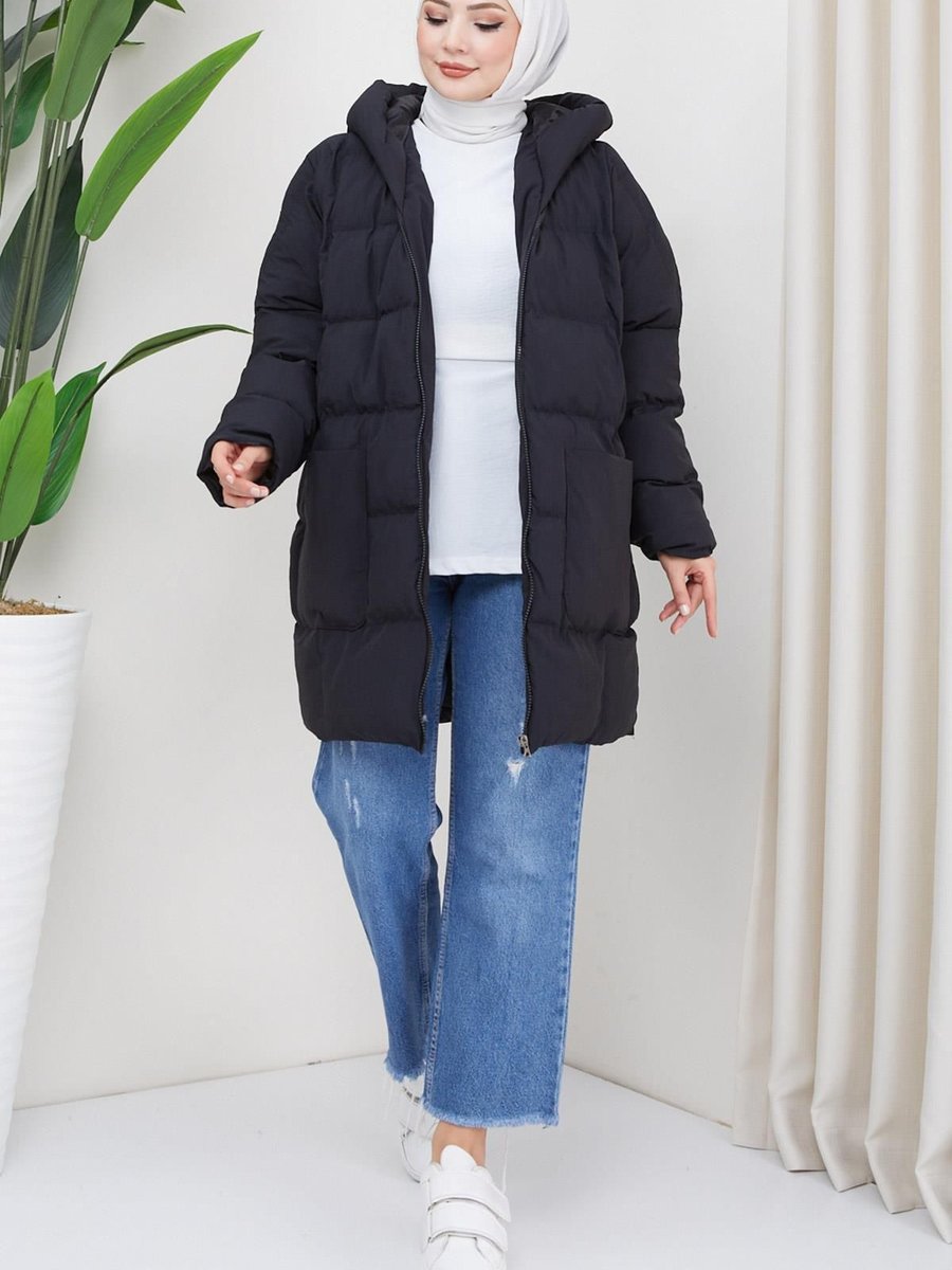 Hafsamina Kraşlı Oversize Dolgulu Mont Siyah