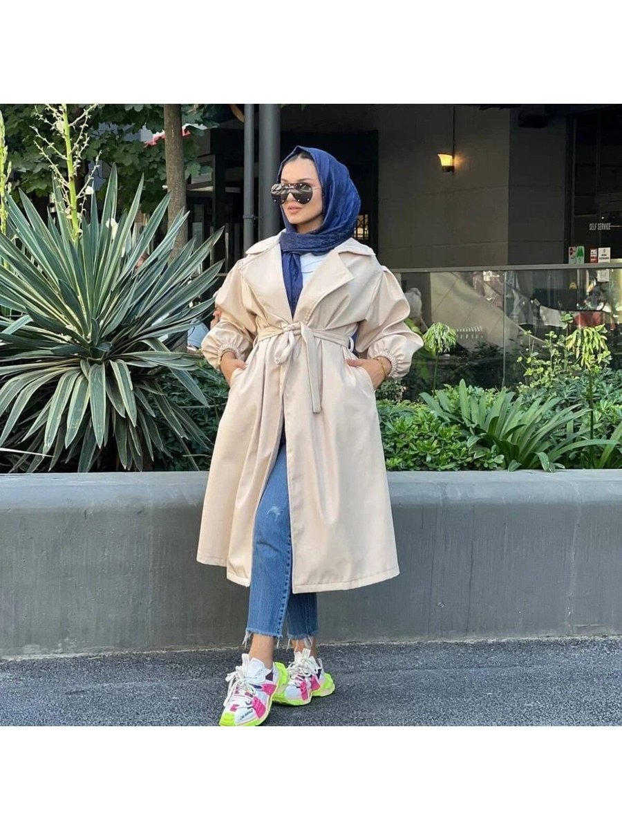 Butik Kuşaklı Bondit Kumaş Taş Rengi Trenç