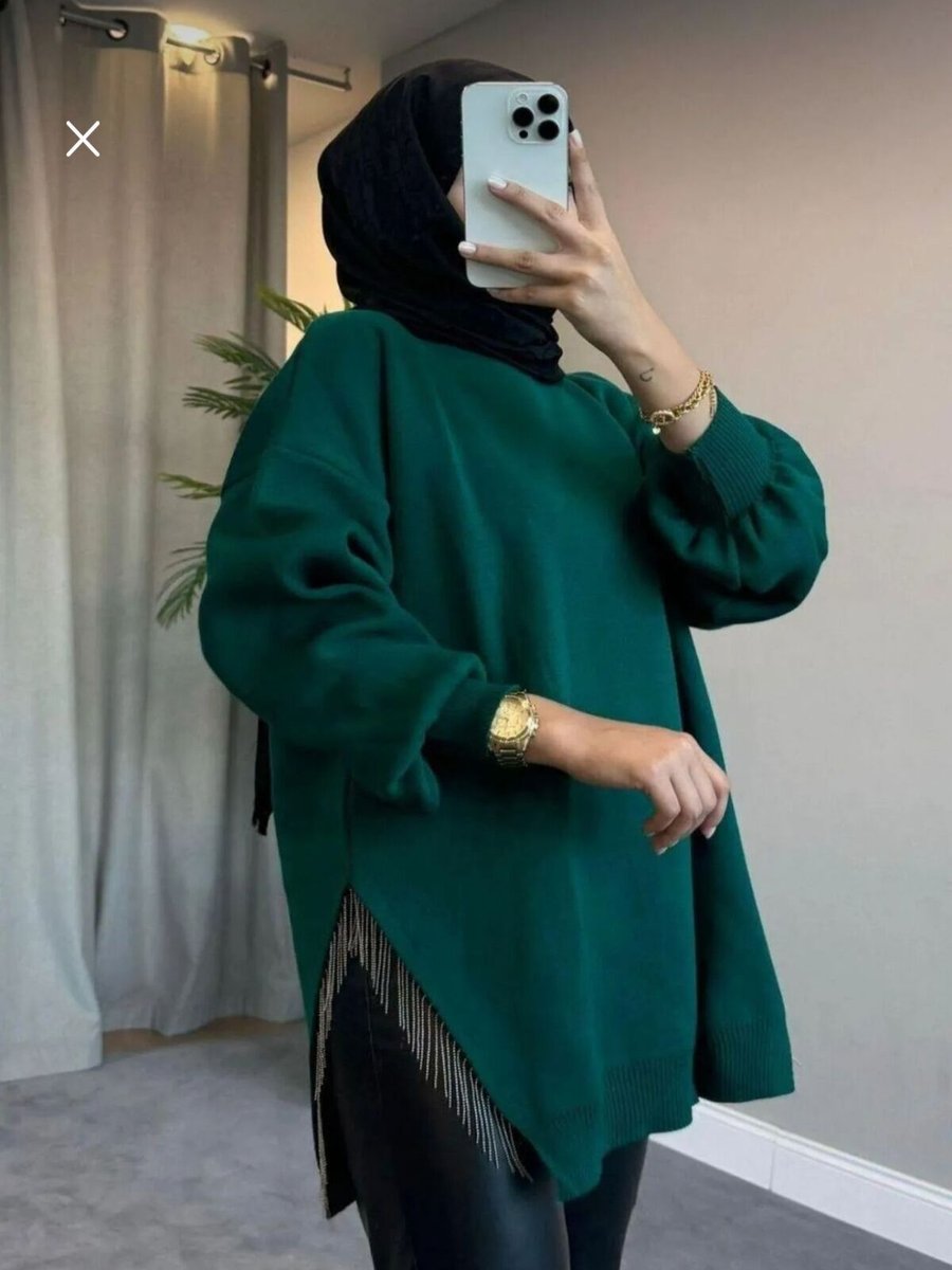Sfg Life Moda Testtür Giyim Bisiklet Yaka Yırtmaç Taşlı Balon Kollu Oversize Triko Tunik