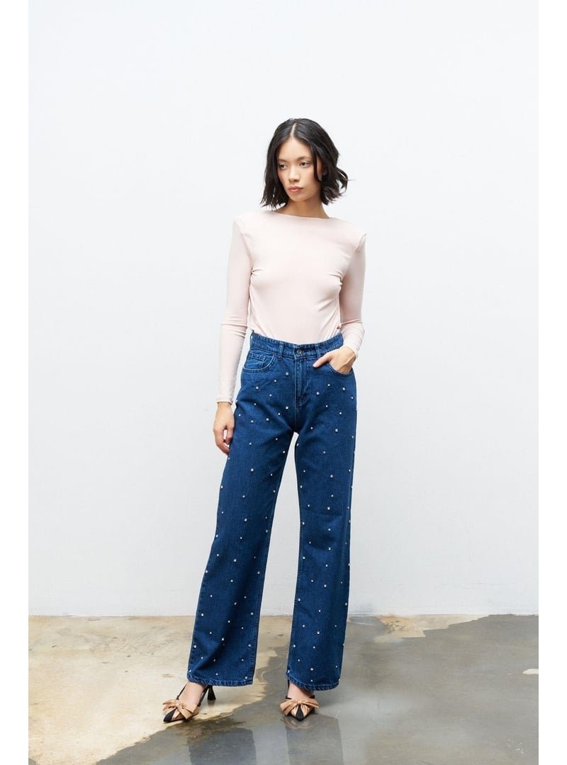 BASICPARK Koyu Mavi Önü Taş Detaylı Cotton Wide Leg Denim