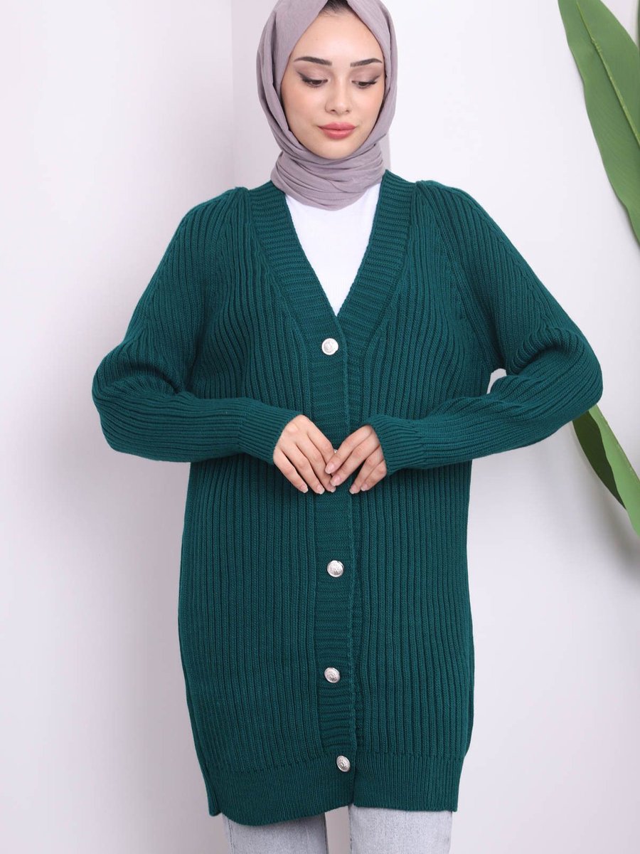 İmajbutik Zümrüt Yeşili Düğmeli Triko Hırka