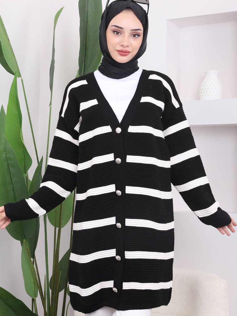 İmajbutik Siyah Çizgili Gofralı Uzun Triko Hırka