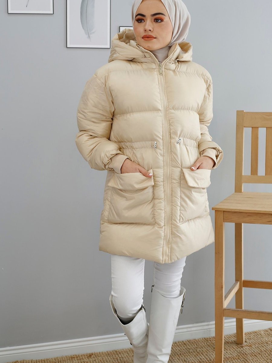 İmajbutik Bej Önü Cep Detaylı Ara Boy Şişme Mont