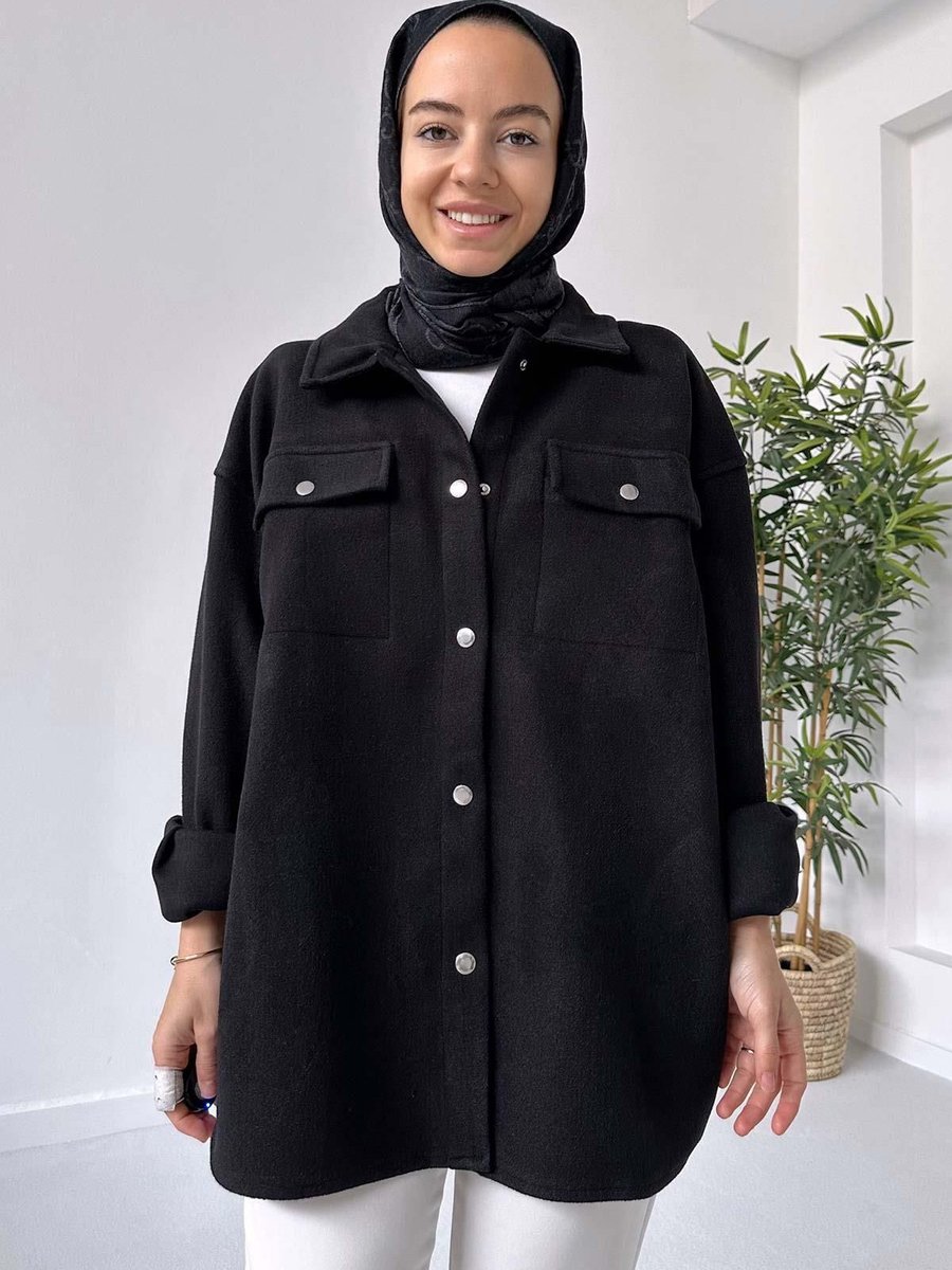 Ka Hijab Yandan Cepli Çıtçıt Kapama Kaşe Ceket Siyah