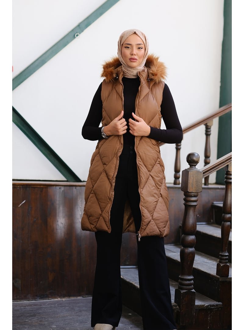 Locco Moda Taba Çift Cepli Kapüşonlu Yelek