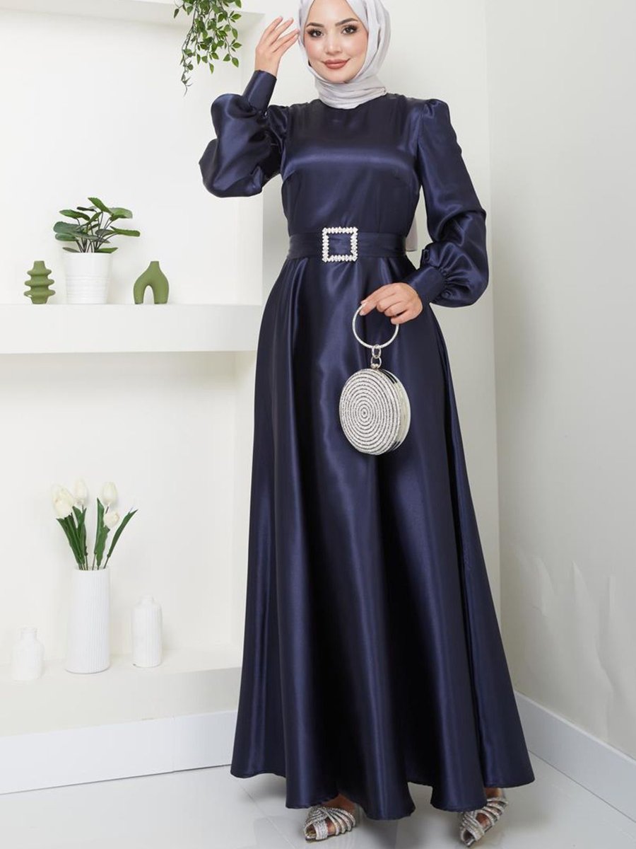 Ayşe Melek Giyim Moda Kemeri Taşlı Uzun Saten Abiye Elbise Lacivert