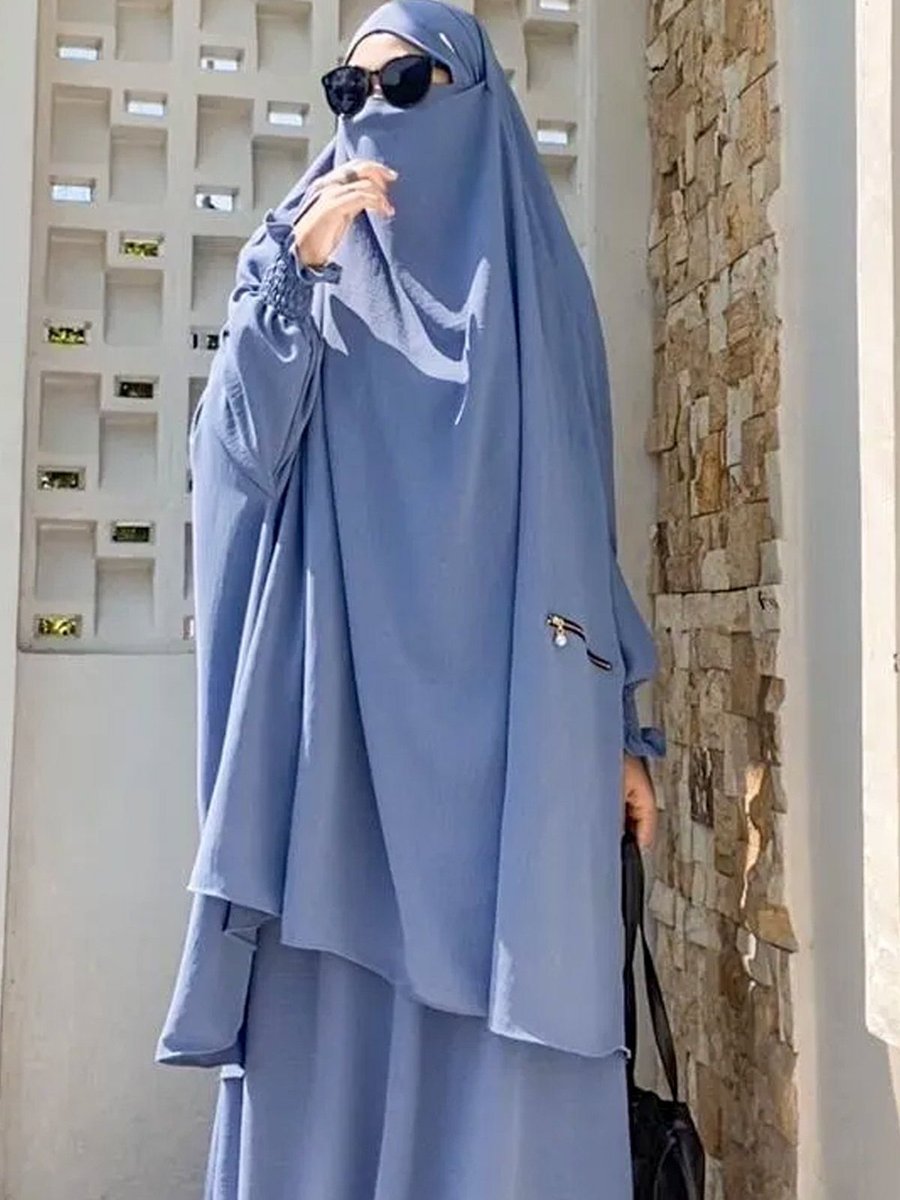 Hasna Tesettür İnara Ferace Afgan Takımı Kaydırmaz Peçeli Ve Cepli Krem Renk