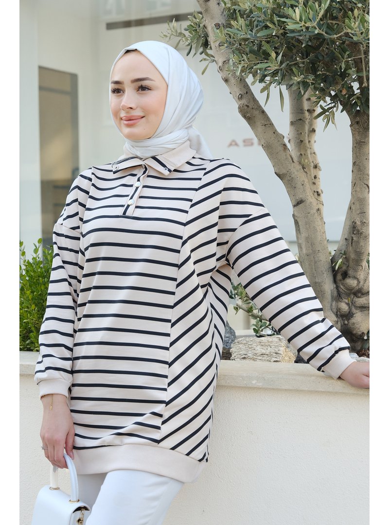 Locco Moda Siyah Önü Çıt Çıtlı Çizgili Sweat
