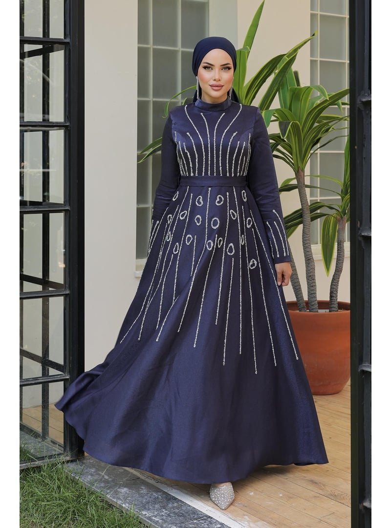 Hakimoda Lacivert Selya Krep Saten Abiye