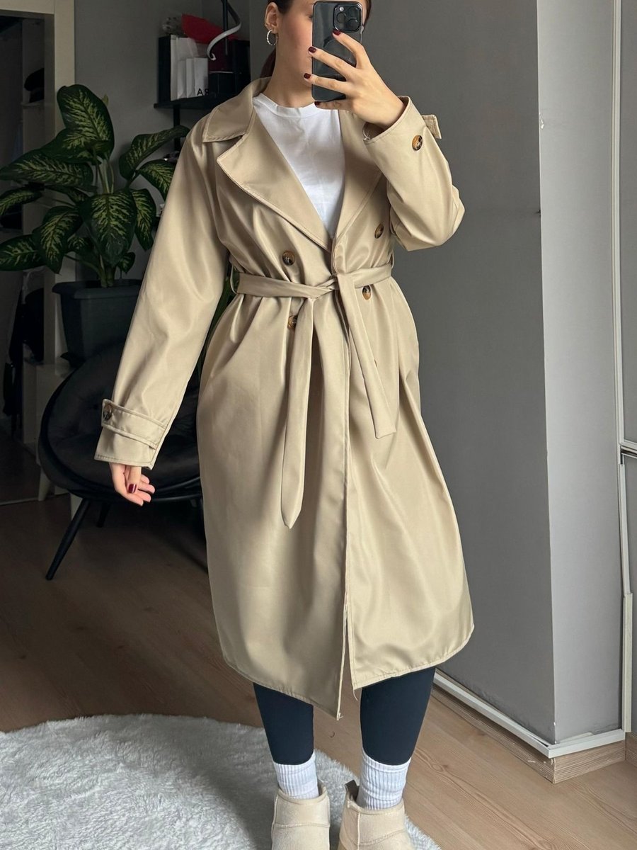 Qenz Klasik Model Trençkot Krem