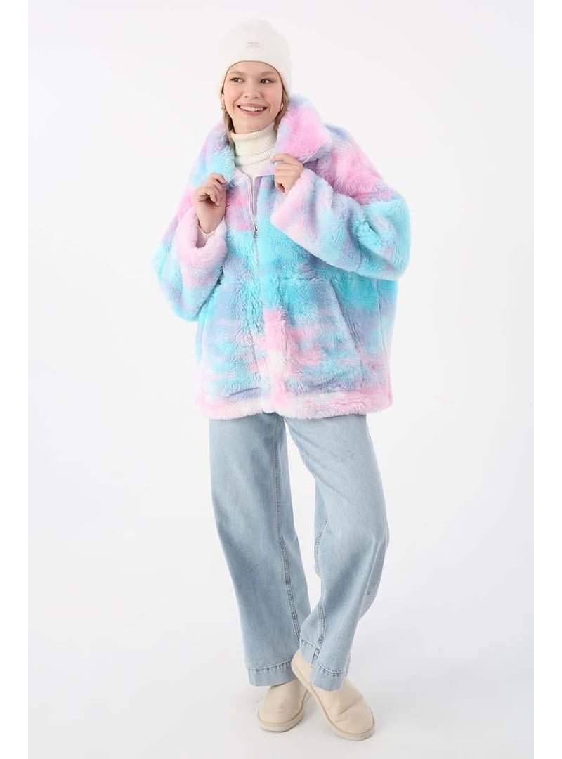 Allday Peluş Fermuarlı Mont Pembe Mavi