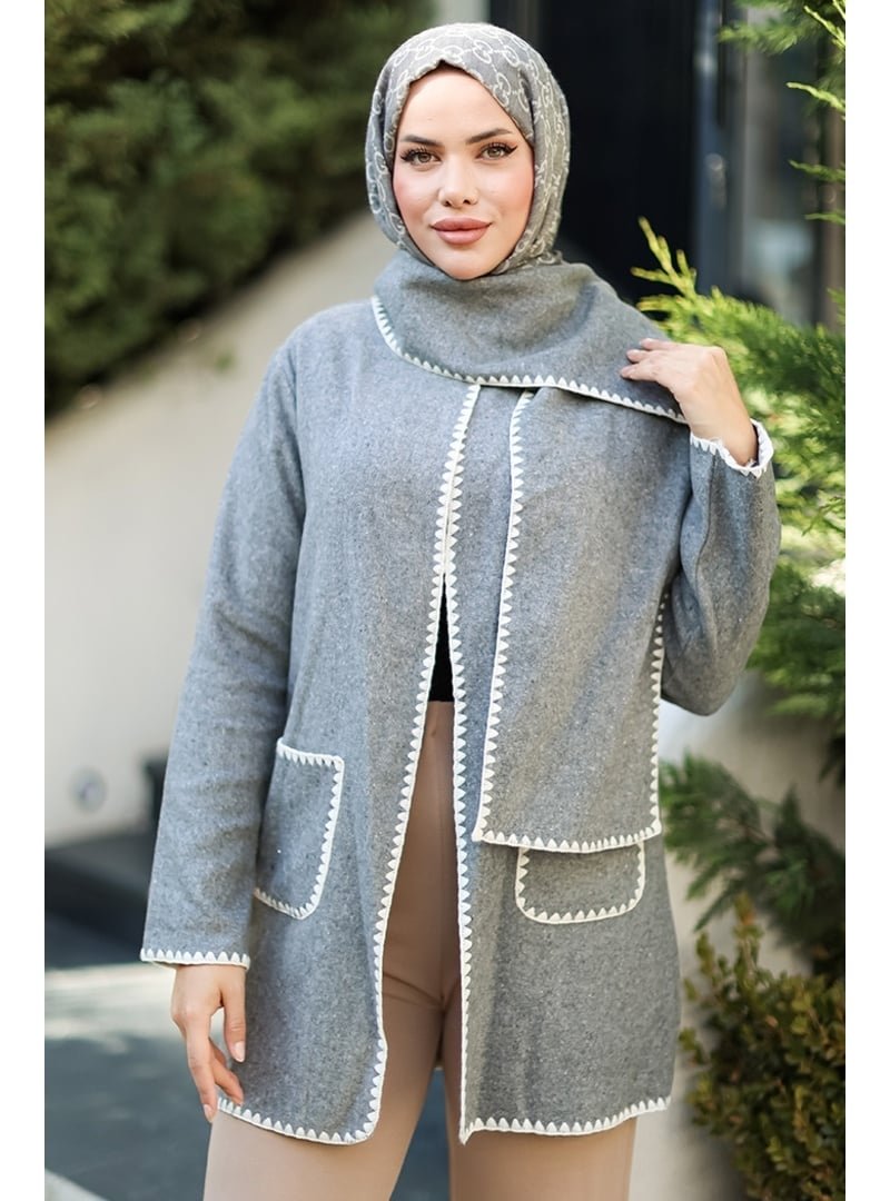 Bestenur Gri Sarel Atkılı Kaşe Ceket