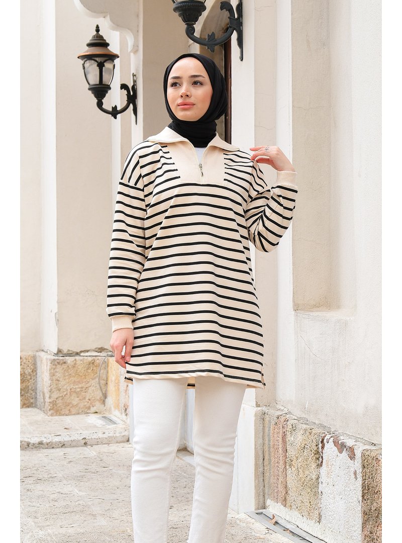 Locco Moda Siyah Önü Fermuarlı Çizgili Sweat