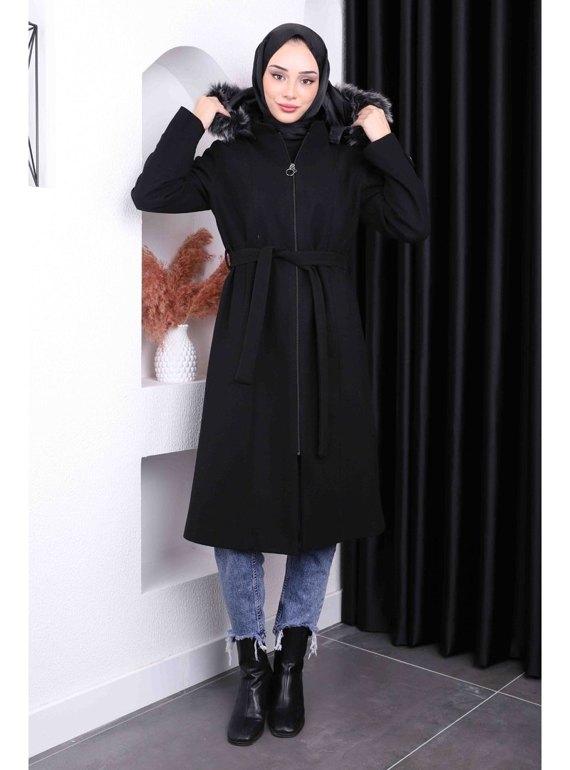 İmaj Butik Siyah Bel Kuşaklı Kaşe Kaban