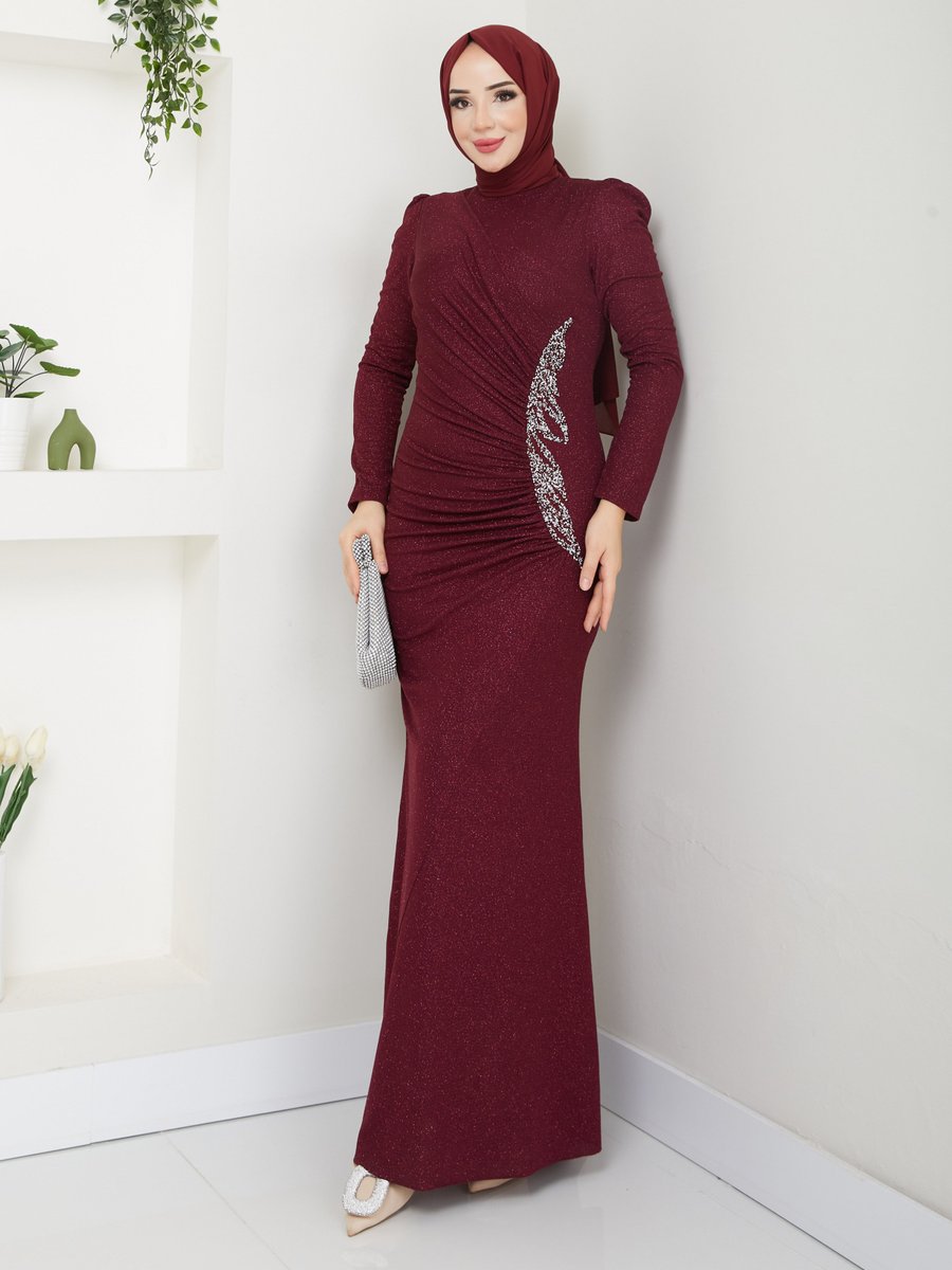 Semra Aydın Bordo Alya Tesettür Abiye Elbise