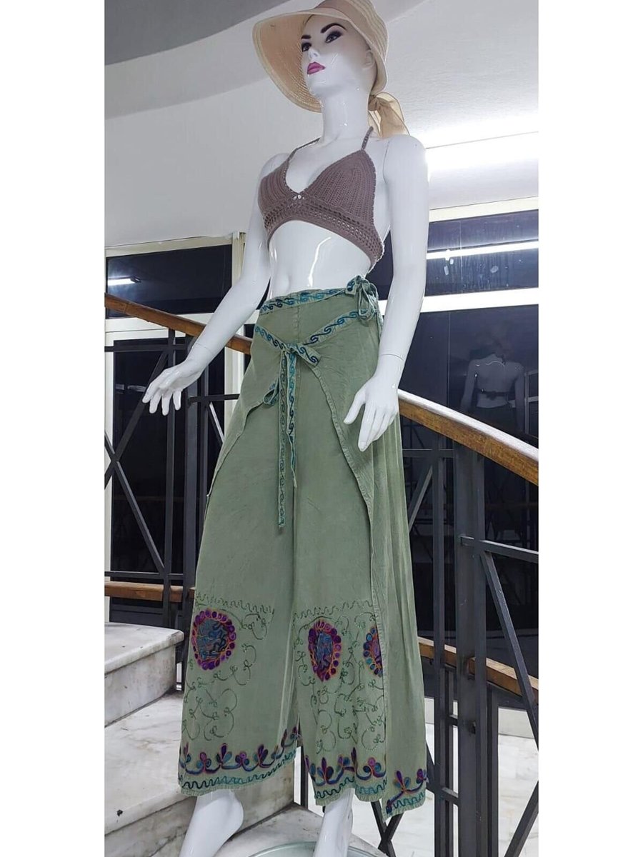 EREN STYLE Haki Otantik Nakış İşlemeli Harem Şalvar Bulmaca Pantolon