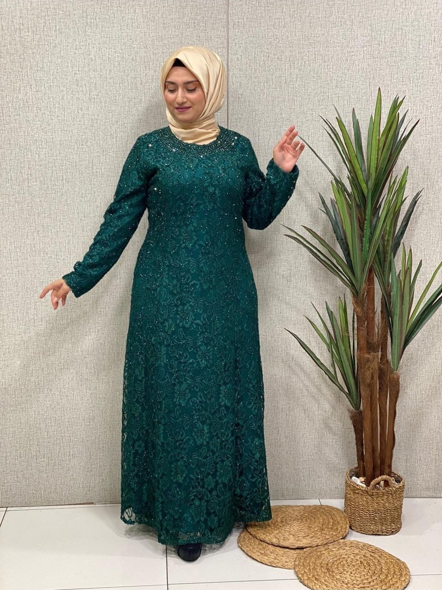 Butik Büyük Beden Kordena Dantel Abiye Elbise