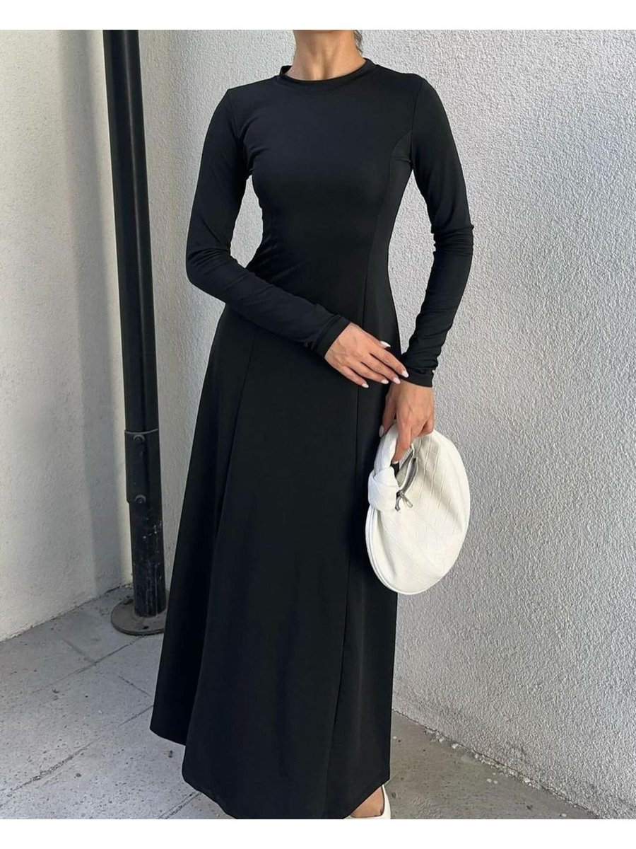 Ab Looks Kollu İe Maxi Kloş Geniş Etekli Basic Uzun Elbise İç Göstermez