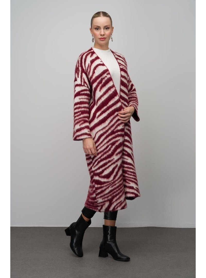 Olcay Bordo Zebra Desenli Uzun Salaş Triko Hırka