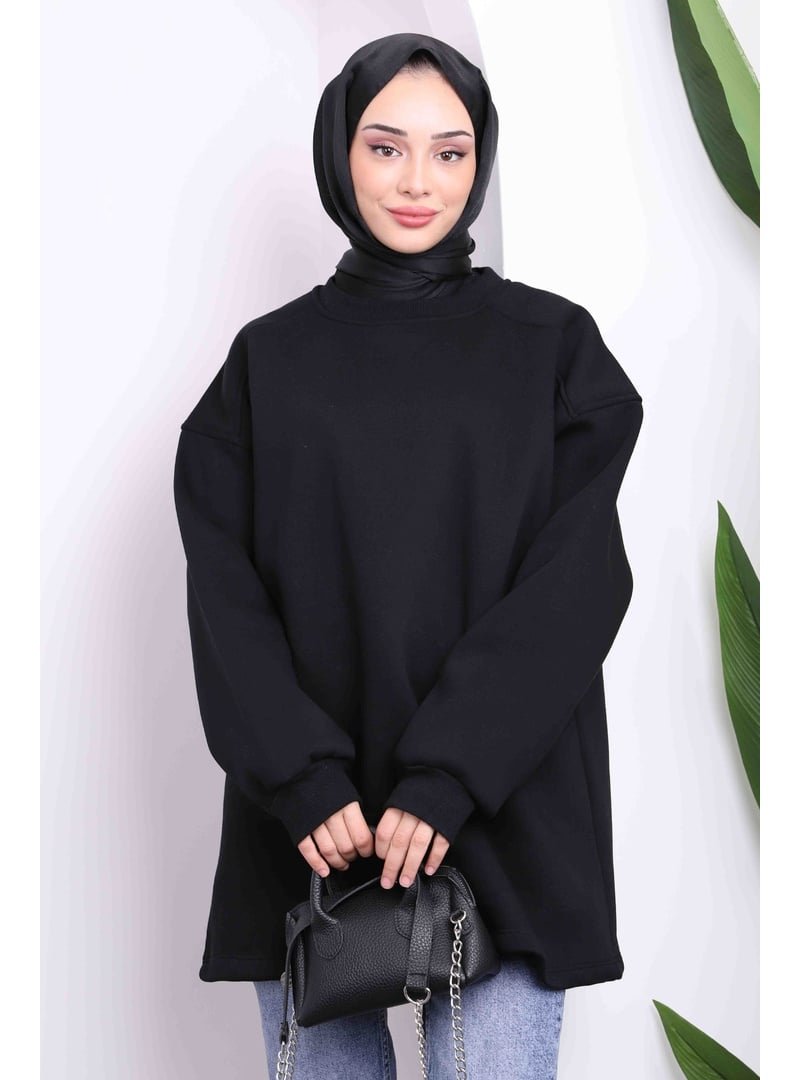 İmaj Butik Siyah Bisiklet Yaka Üç İplik Sweat Tunik
