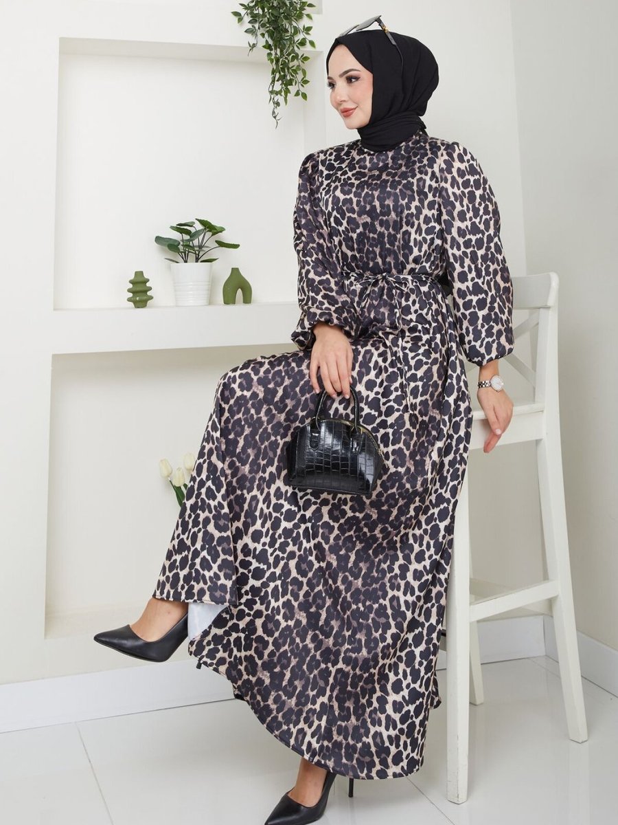 VOLT CLOTHİNG Kahverengi Leopar Desenli Şifon Elbise