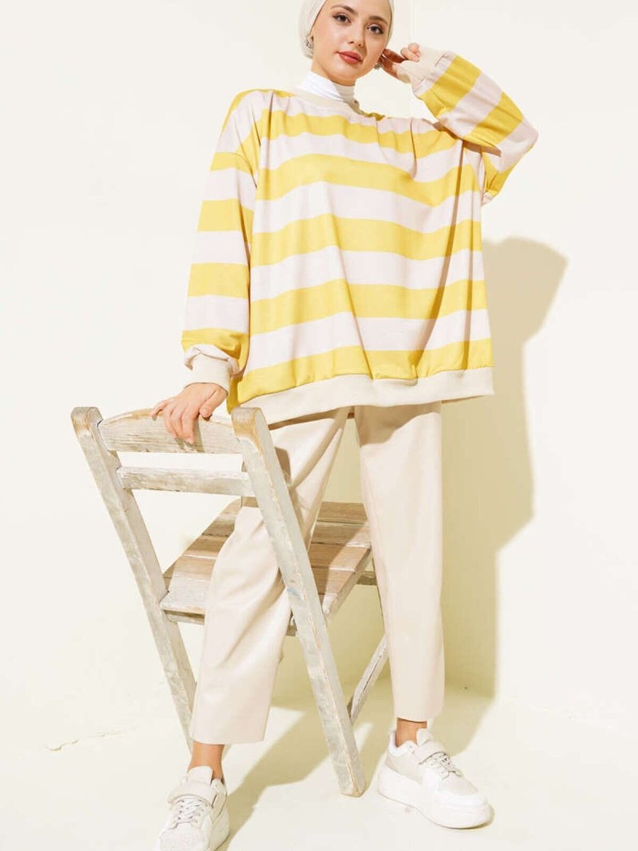VOLT CLOTHİNG Sarı Yatay Çizgili Oversize Tunik