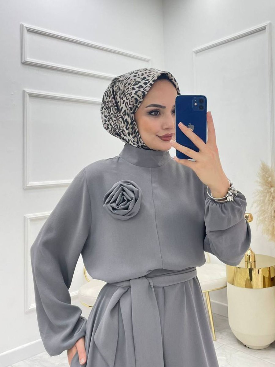 Xxl Butik Xxl Butik Kadın Gri Kuşaklı Gül Detaylı Salaş Tulum