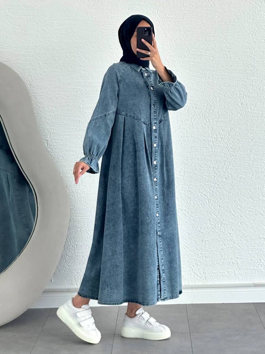 Olalady Önü Düğmeli Pile Detaylı Denim Kap Pardesü