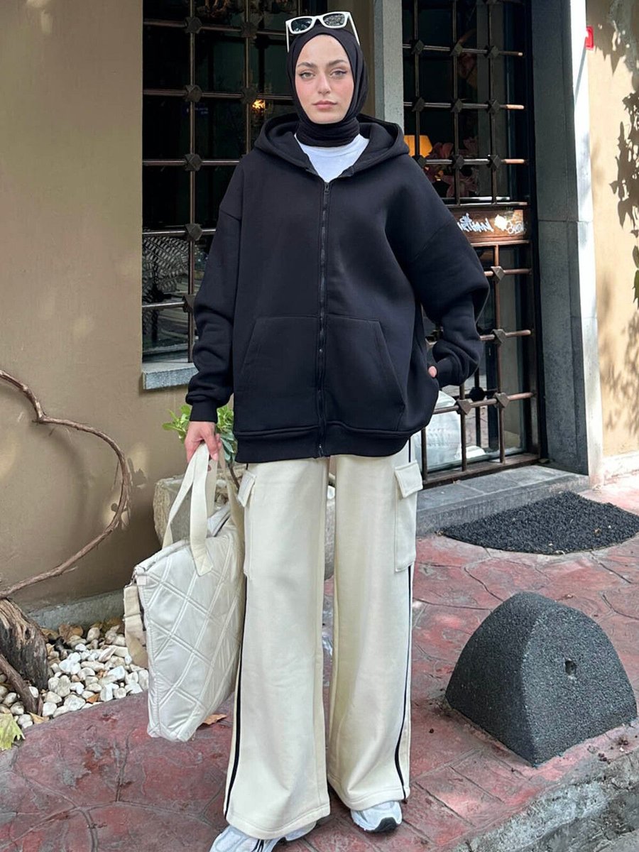 Lamelif Önü Fermuarlı Kapüşonlu İplik Sweatshirt Hırka