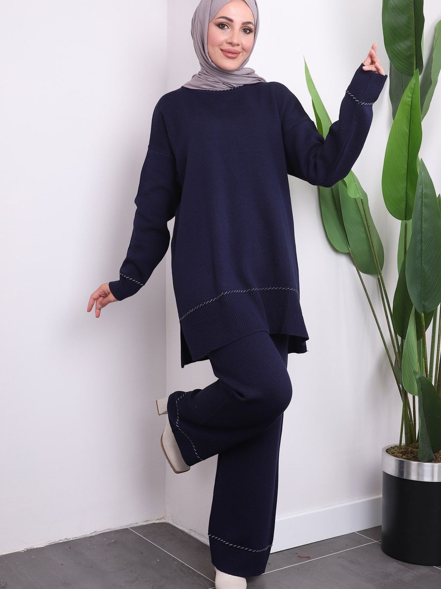 İmajbutik Lacivert Pantolonlu Triko Tunik Takım