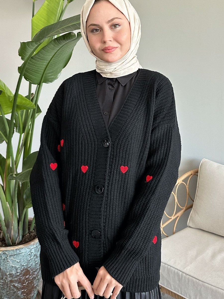Instyle Kalp Desenli Siyah Triko Hırka