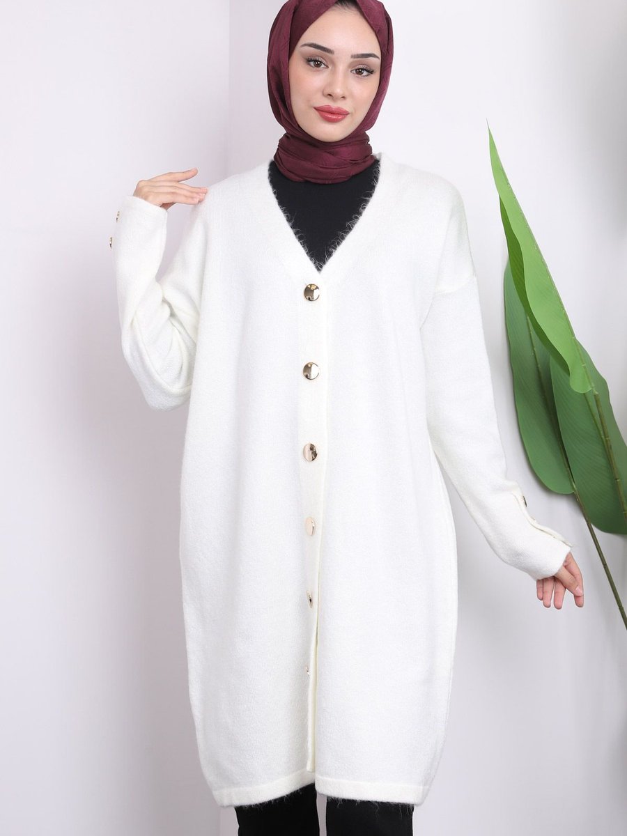 İmajbutik Ekru Düğmeli Uzun Şardonlu Triko Hırka